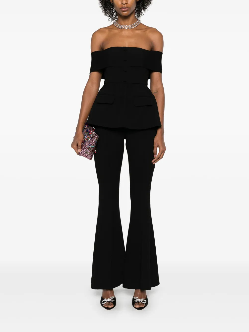 BLACK CREPE OFF SHOULDER JUMPSUIT