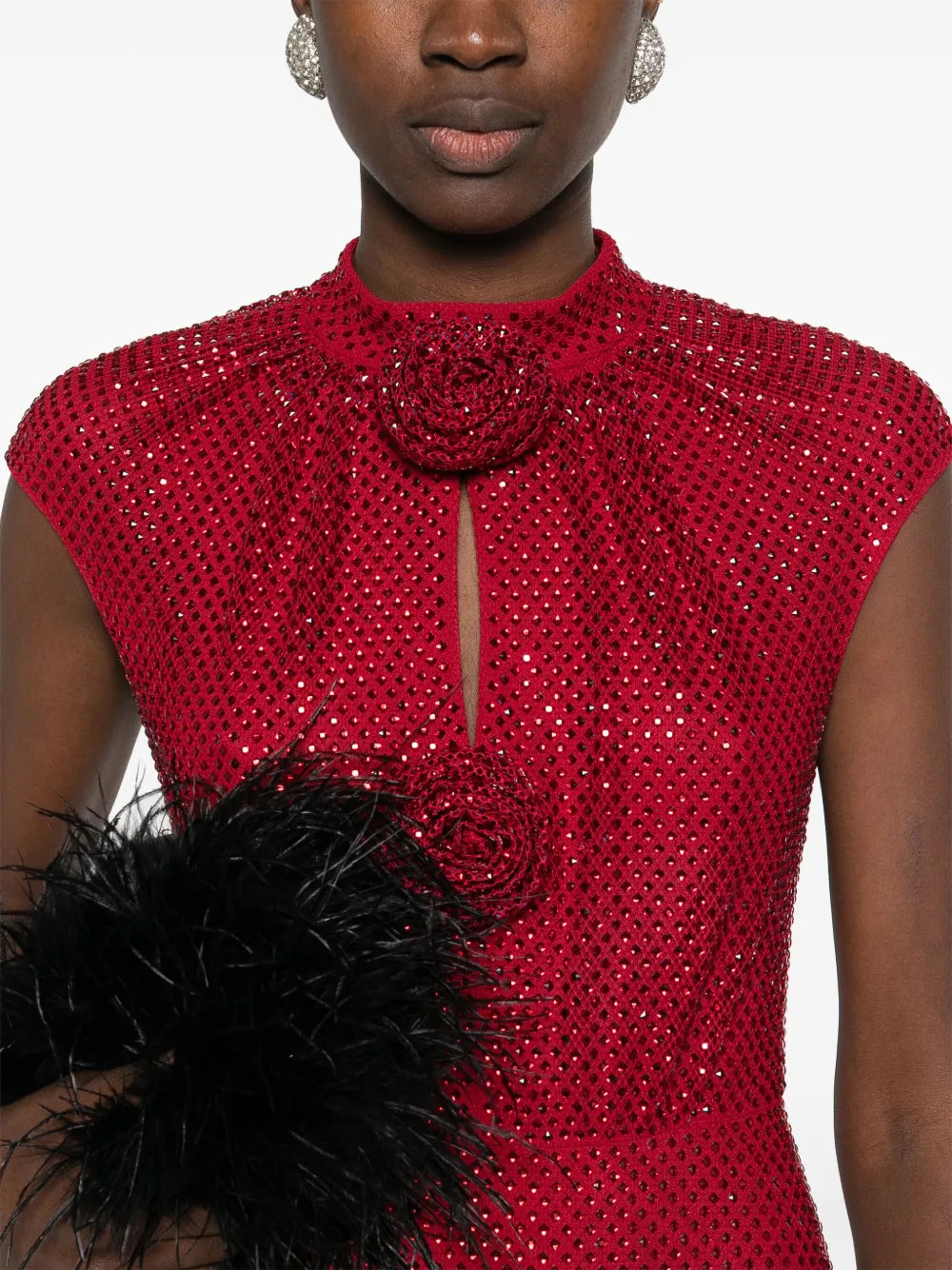 RED RHINESTONE FISHNET MIDI DRESS