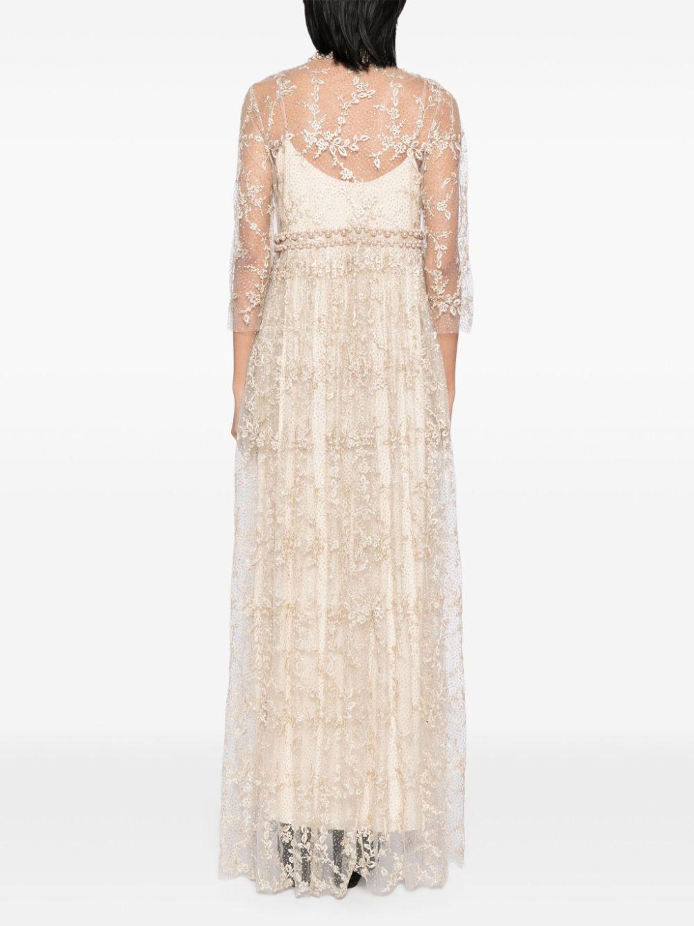 IMOGEN EMBROIDERED METALLIC DOT TULLE HIGH WAIST MAXI DRESS WITH FAUX PEARL DETAIL