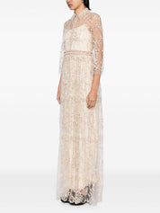 IMOGEN EMBROIDERED METALLIC DOT TULLE HIGH WAIST MAXI DRESS WITH FAUX PEARL DETAIL