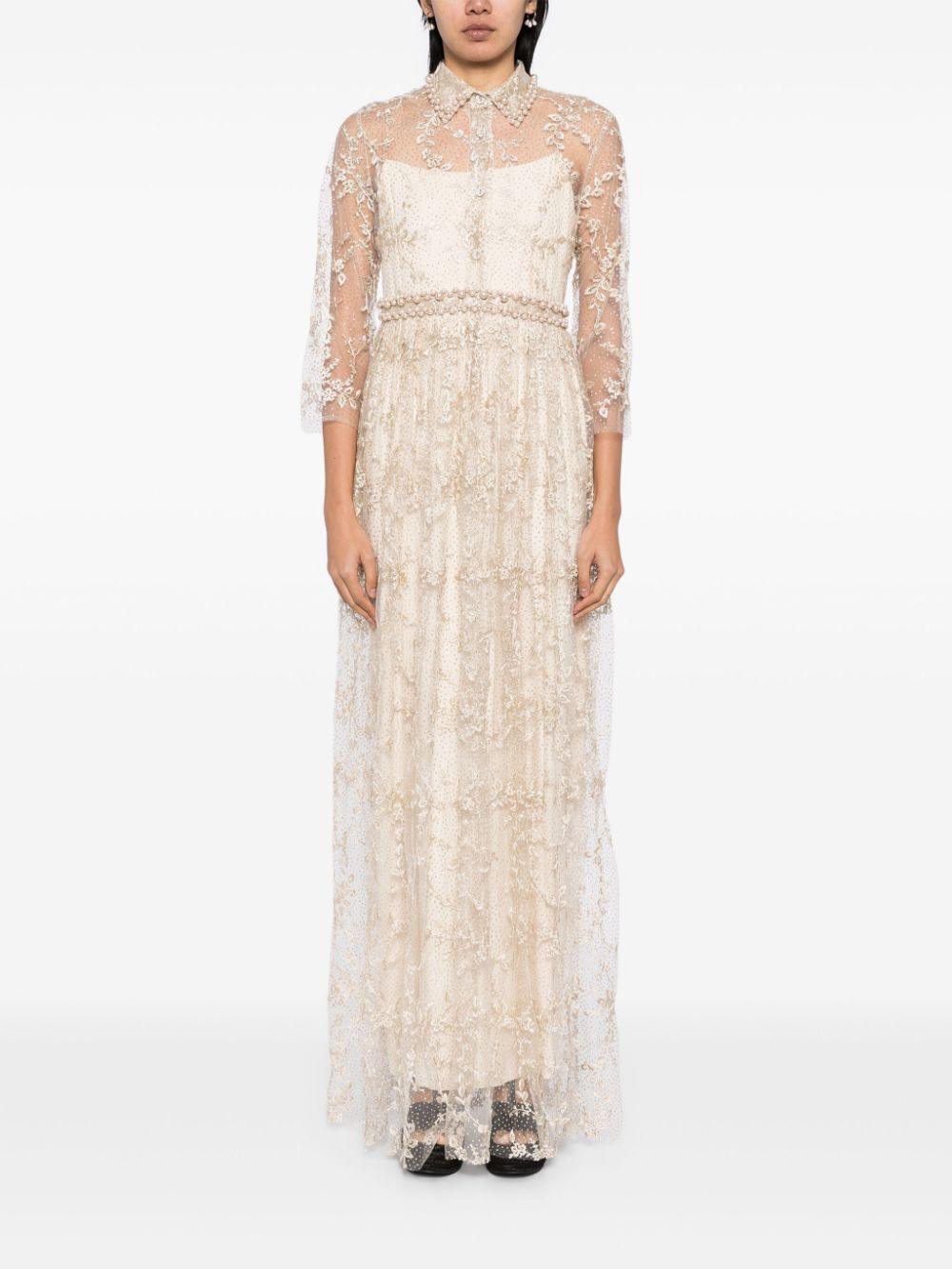 IMOGEN EMBROIDERED METALLIC DOT TULLE HIGH WAIST MAXI DRESS WITH FAUX PEARL DETAIL