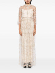 IMOGEN EMBROIDERED METALLIC DOT TULLE HIGH WAIST MAXI DRESS WITH FAUX PEARL DETAIL