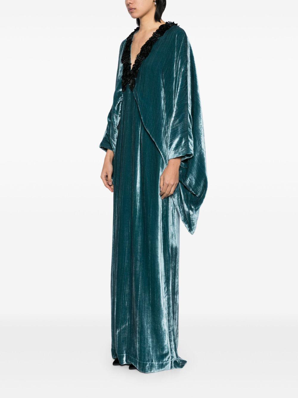 IRIS V-NECK LONG SLEEVES KIMONO LONG DRESS WITH NECK LINE EMBELLISHED