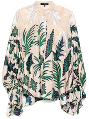 JAMAIA MIX CHIFFON LAME & TWILL SILK PRINT CAPE BLOUSE