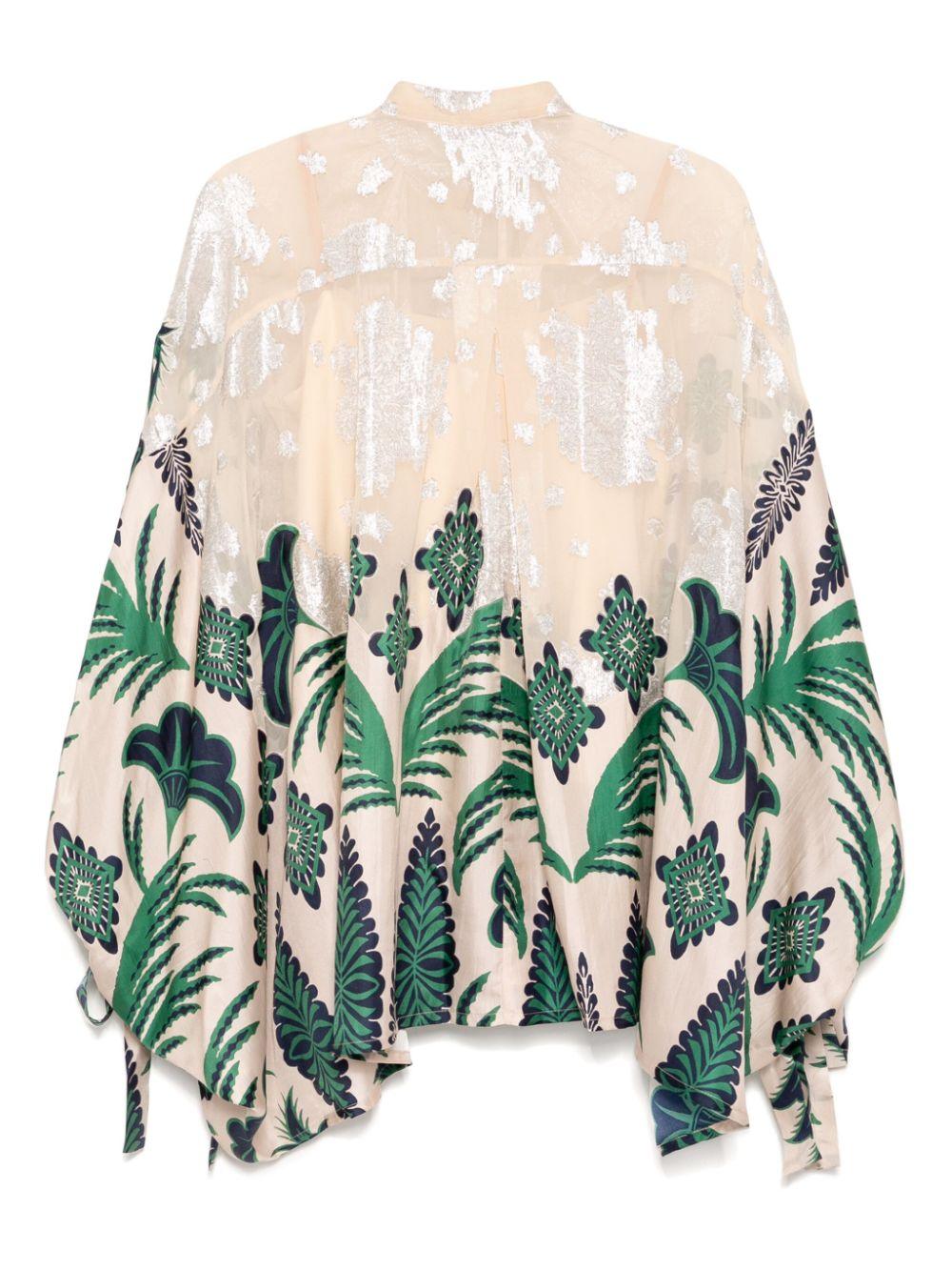 JAMAIA MIX CHIFFON LAME & TWILL SILK PRINT CAPE BLOUSE