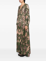 IRUNA MIX CHIFFON LAME& TWILL SILK PRINT V-NECK EMPIRE LONG DRESS