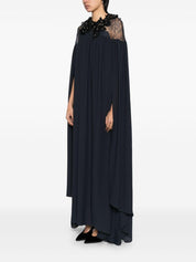 ISEKIN MIX LACE & CREPE CAPE LONG DRESS WITH NECKLINE EMBELLISHED