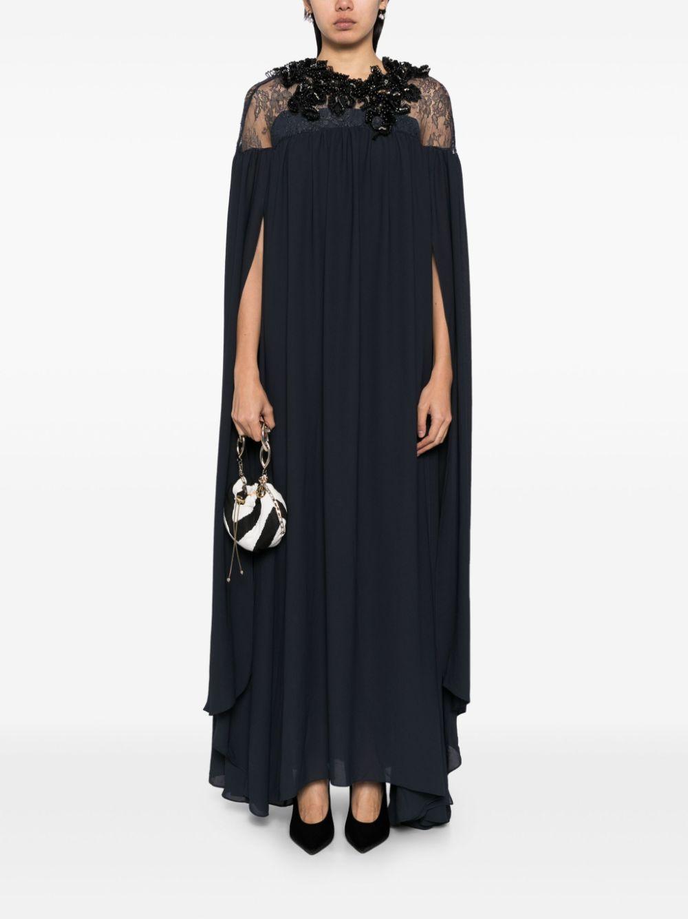 ISEKIN MIX LACE & CREPE CAPE LONG DRESS WITH NECKLINE EMBELLISHED