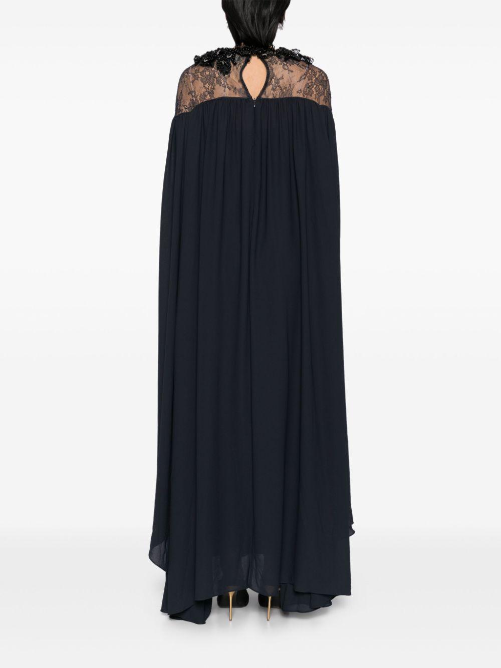 ISEKIN MIX LACE & CREPE CAPE LONG DRESS WITH NECKLINE EMBELLISHED