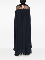 ISEKIN MIX LACE & CREPE CAPE LONG DRESS WITH NECKLINE EMBELLISHED