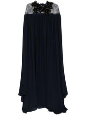 ISEKIN MIX LACE & CREPE CAPE LONG DRESS WITH NECKLINE EMBELLISHED