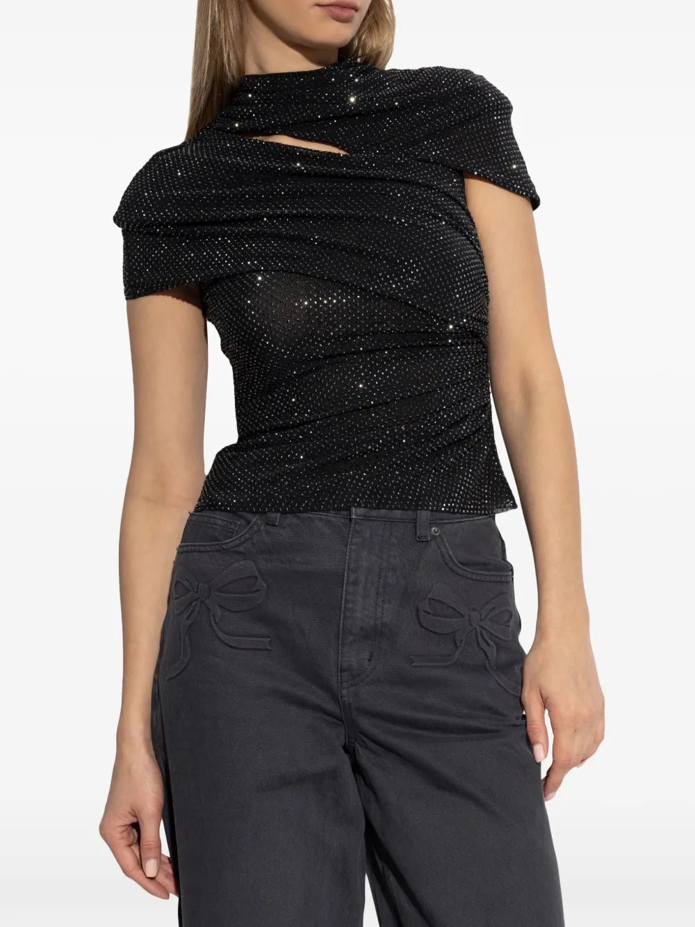 BLACK RHINESTONE MESH CUT OUT TOP