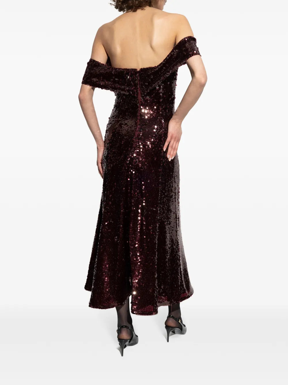 BROWN SEQUIN OFF SHOULDER MIDI DRESS