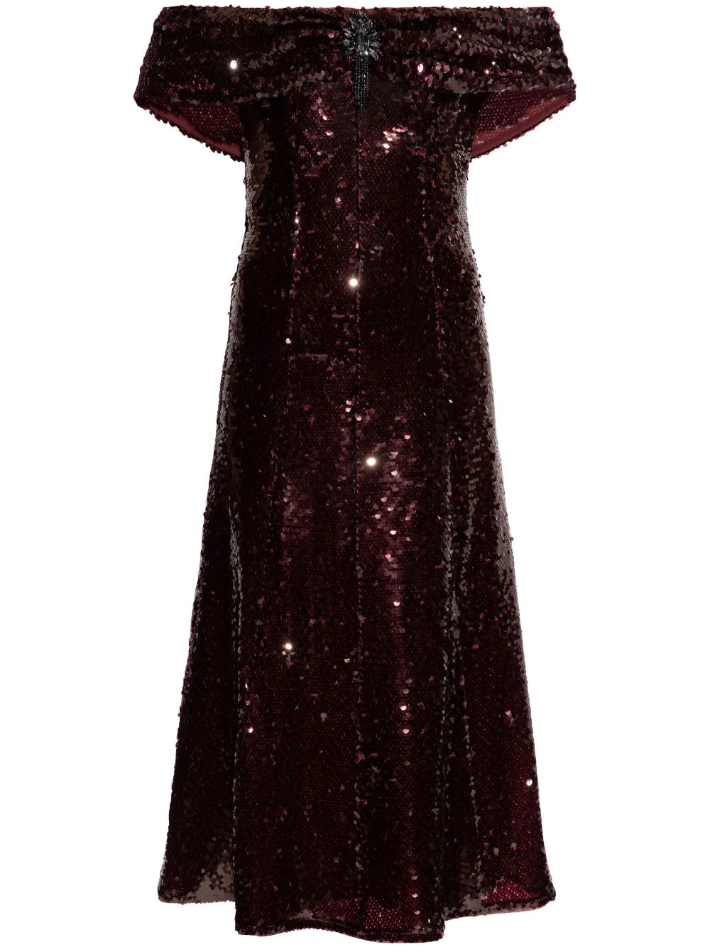 BROWN SEQUIN OFF SHOULDER MIDI DRESS