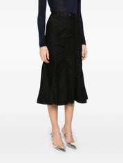 BLACK FLARED DENIM MIDI SKIRT