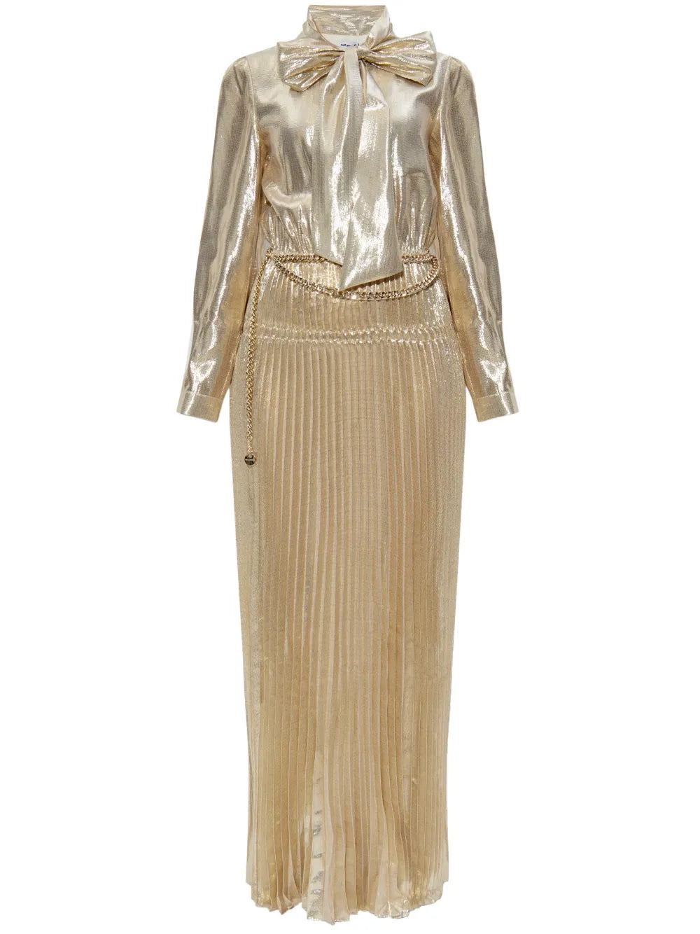 GOLD METALLIC PUSSY BOW MAXI DRESS