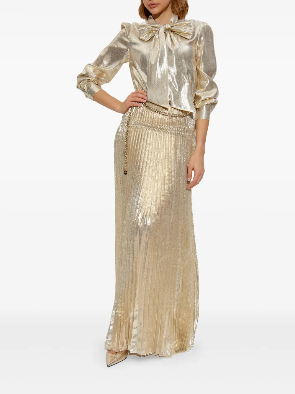 GOLD METALLIC PUSSY BOW MAXI DRESS