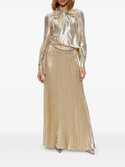 GOLD METALLIC PUSSY BOW MAXI DRESS