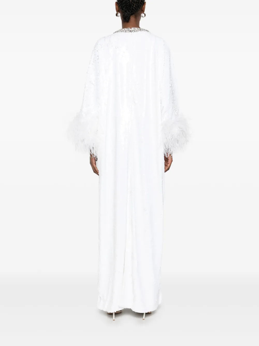 WHITE SEQUIN FEATHER MAXI DRESS