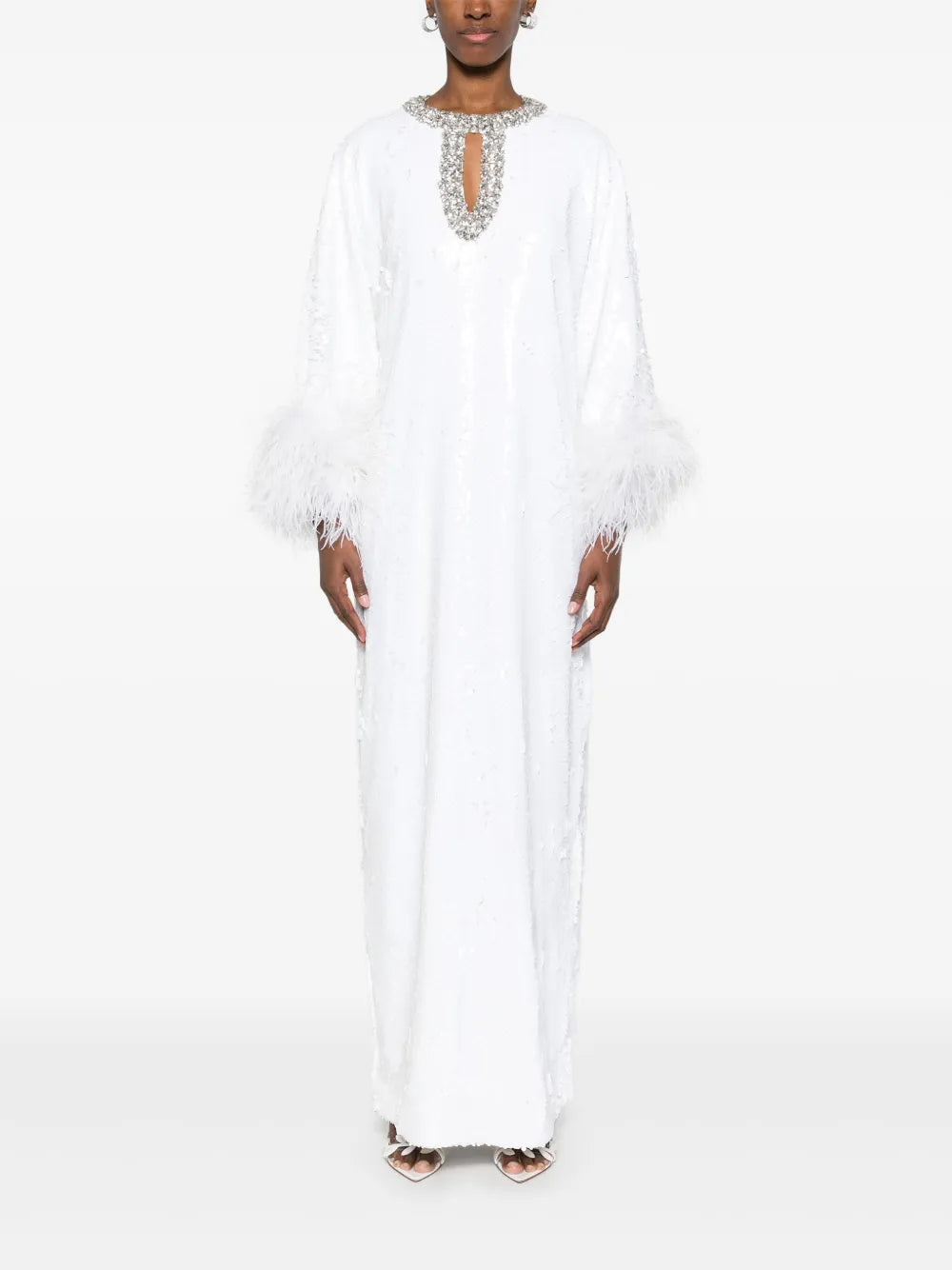 WHITE SEQUIN FEATHER MAXI DRESS