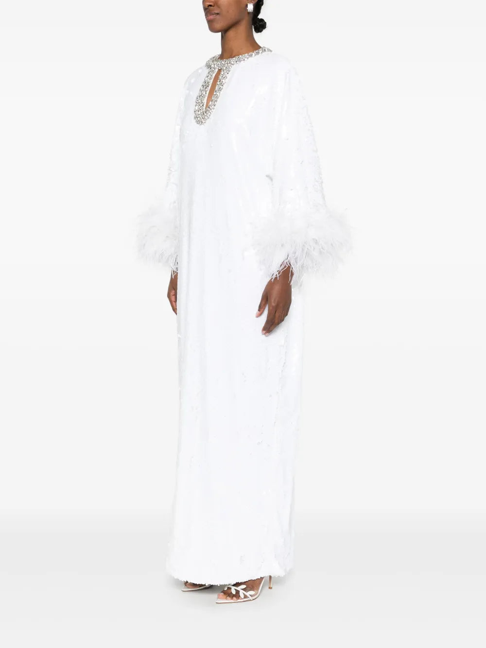 WHITE SEQUIN FEATHER MAXI DRESS