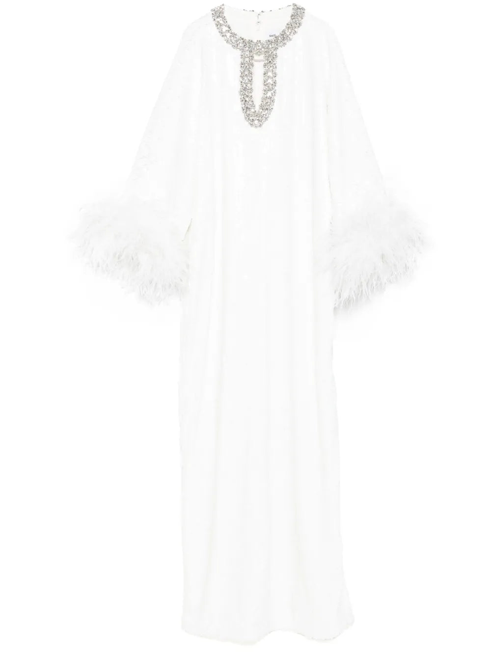 WHITE SEQUIN FEATHER MAXI DRESS