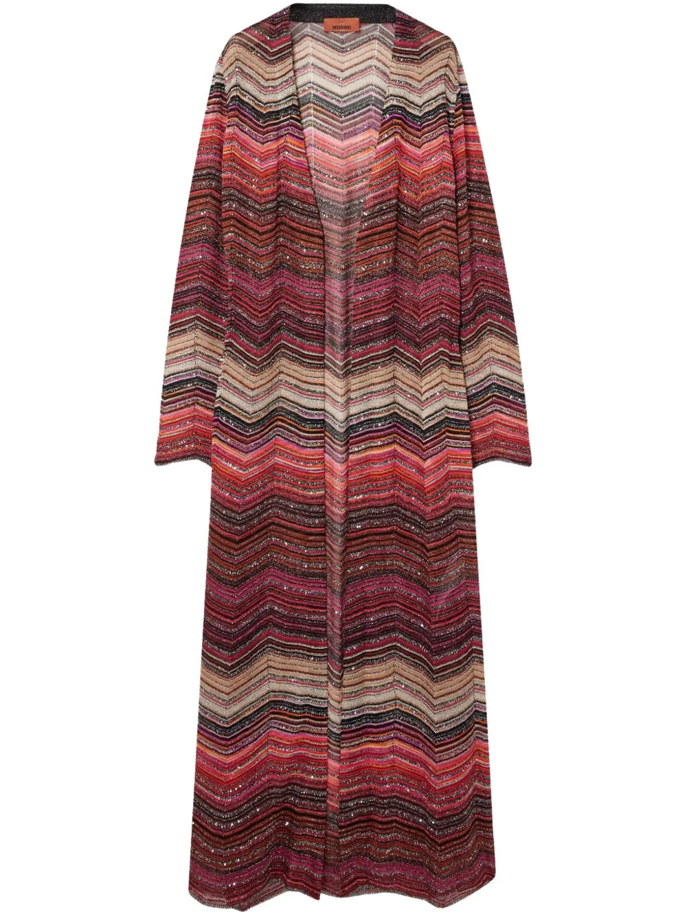 Long chevron lamé cardigan with sequins and decorative lace