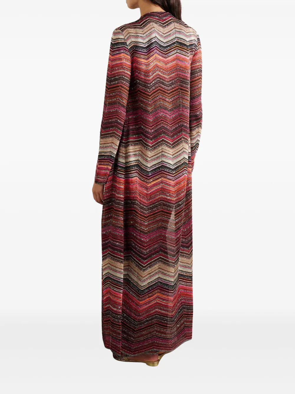 Long chevron lamé cardigan with sequins and decorative lace