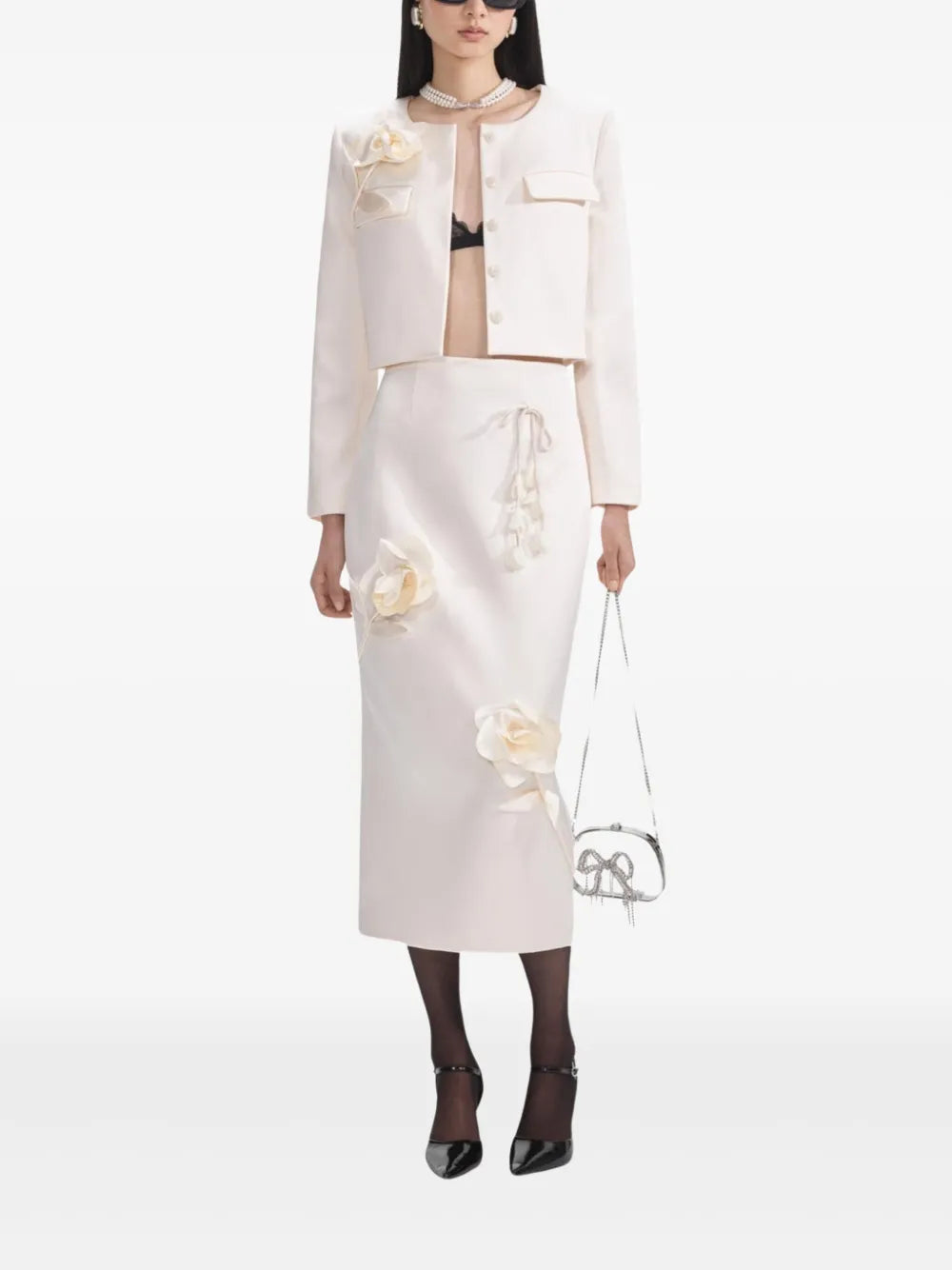 CREAM 3D FLOWER SATIN MIDI SKIRT