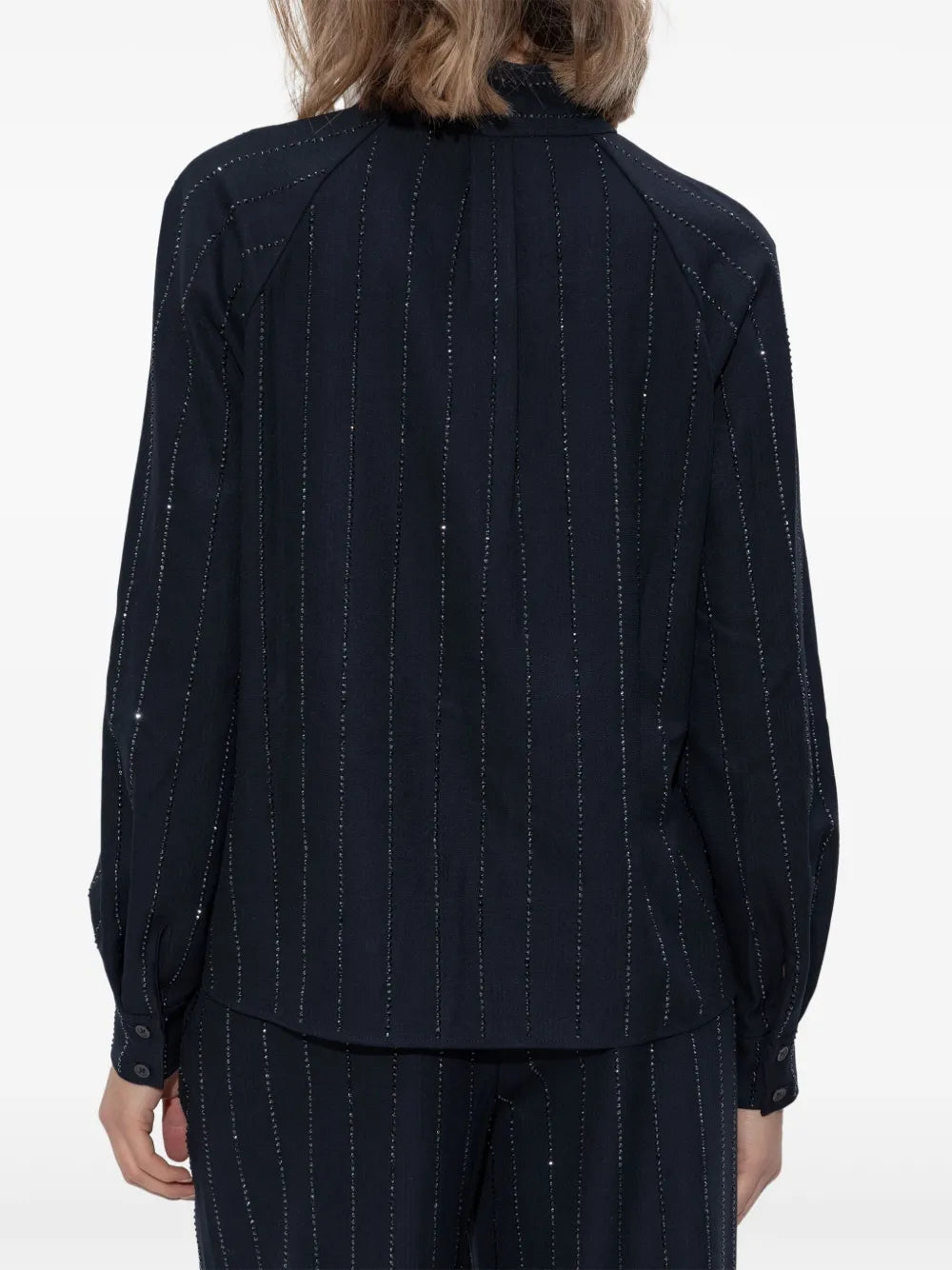 NAVY RHINESTONE PINSTRIPE BLOUSE