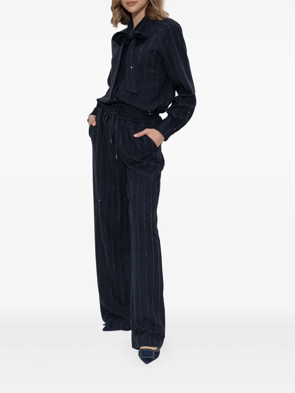 NAVY RHINESTONE PINSTRIPE BLOUSE