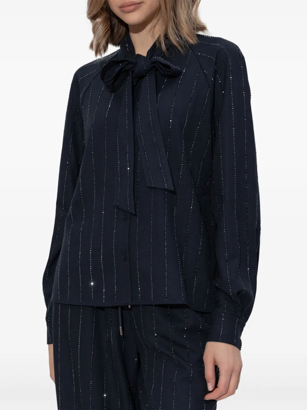 NAVY RHINESTONE PINSTRIPE BLOUSE