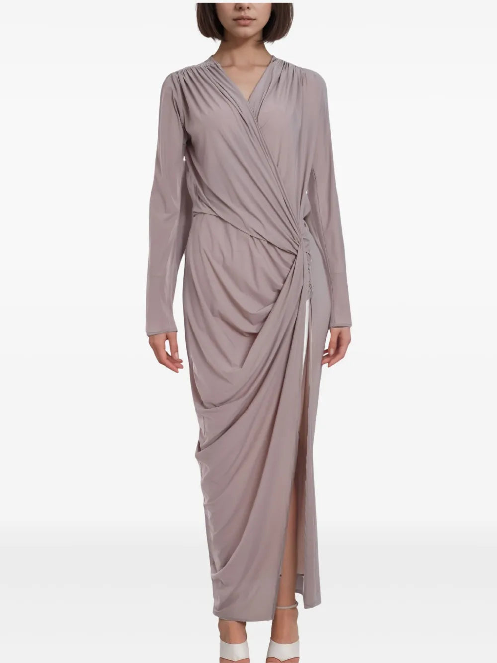V NECK DRAPED LONG DRESS