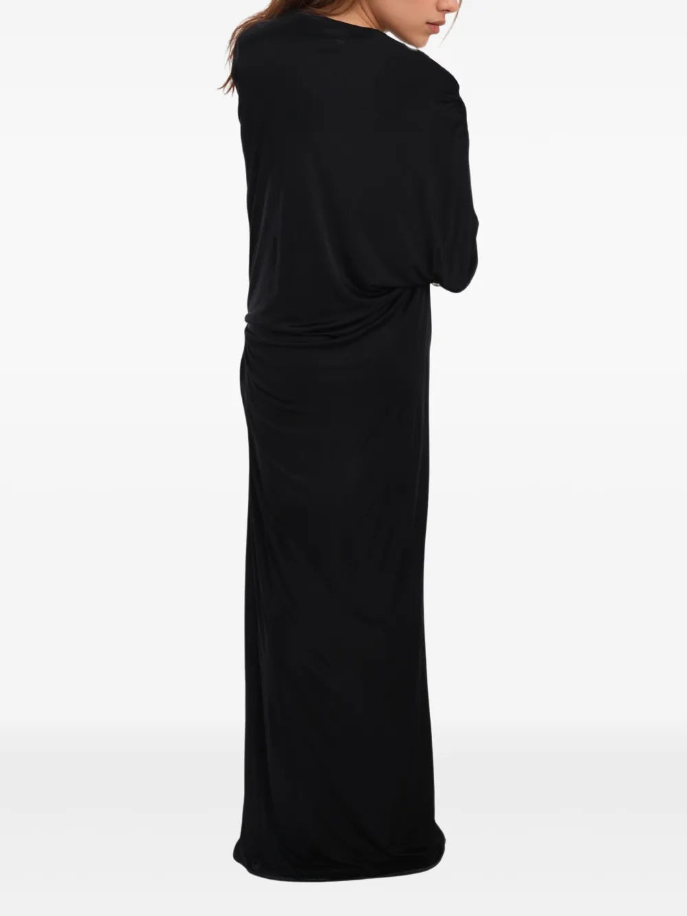 DRAPED SHOULDER TWIST SLIT GOWN