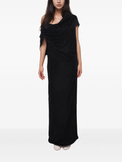 DRAPED SHOULDER TWIST SLIT GOWN