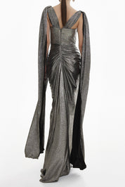 SARI LONG PLATINUM METALLIC LIGHT CREPE DRESS WITH CAPES فستان 