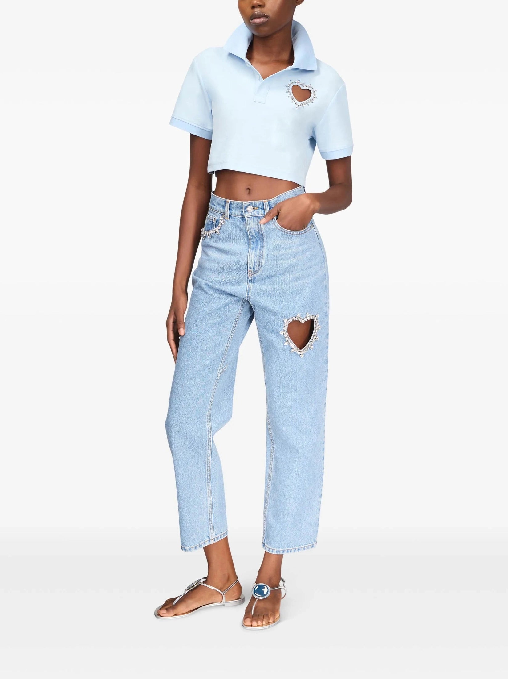 Crystal heart cutout cropped polo
