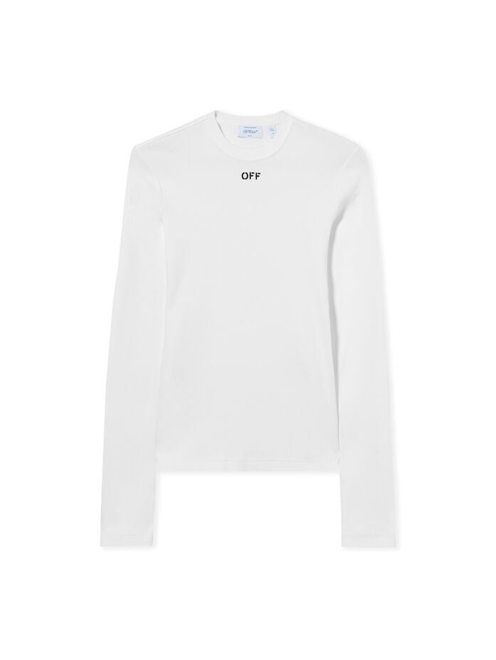 Off Stamp Ribbed Long-Sleeved Crewneck white black
