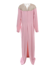 RAISA CREPE LONG-SLEEVE GOWN WITH CRYSTAL-EMBELLISHED TULLE ILLUSION NECKLINE