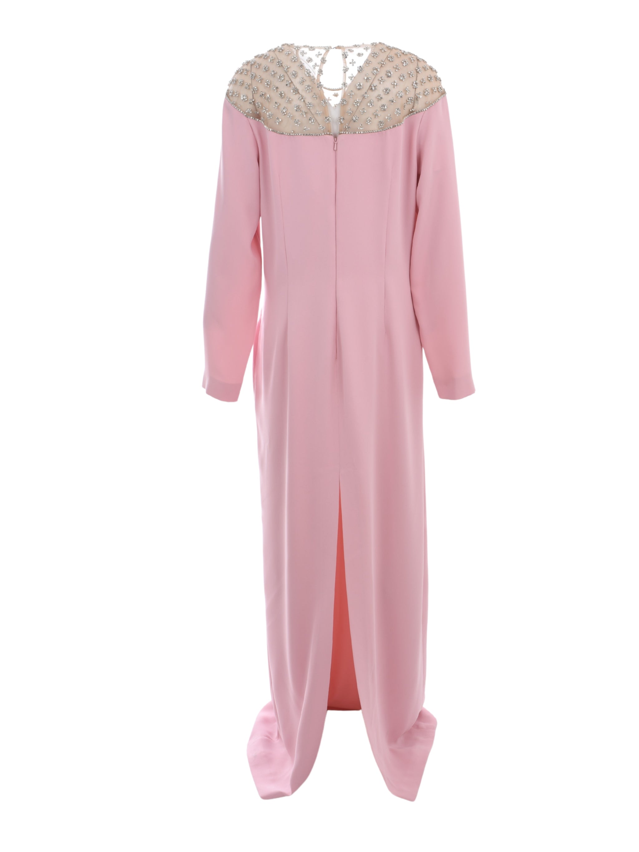 RAISA CREPE LONG-SLEEVE GOWN WITH CRYSTAL-EMBELLISHED TULLE ILLUSION NECKLINE