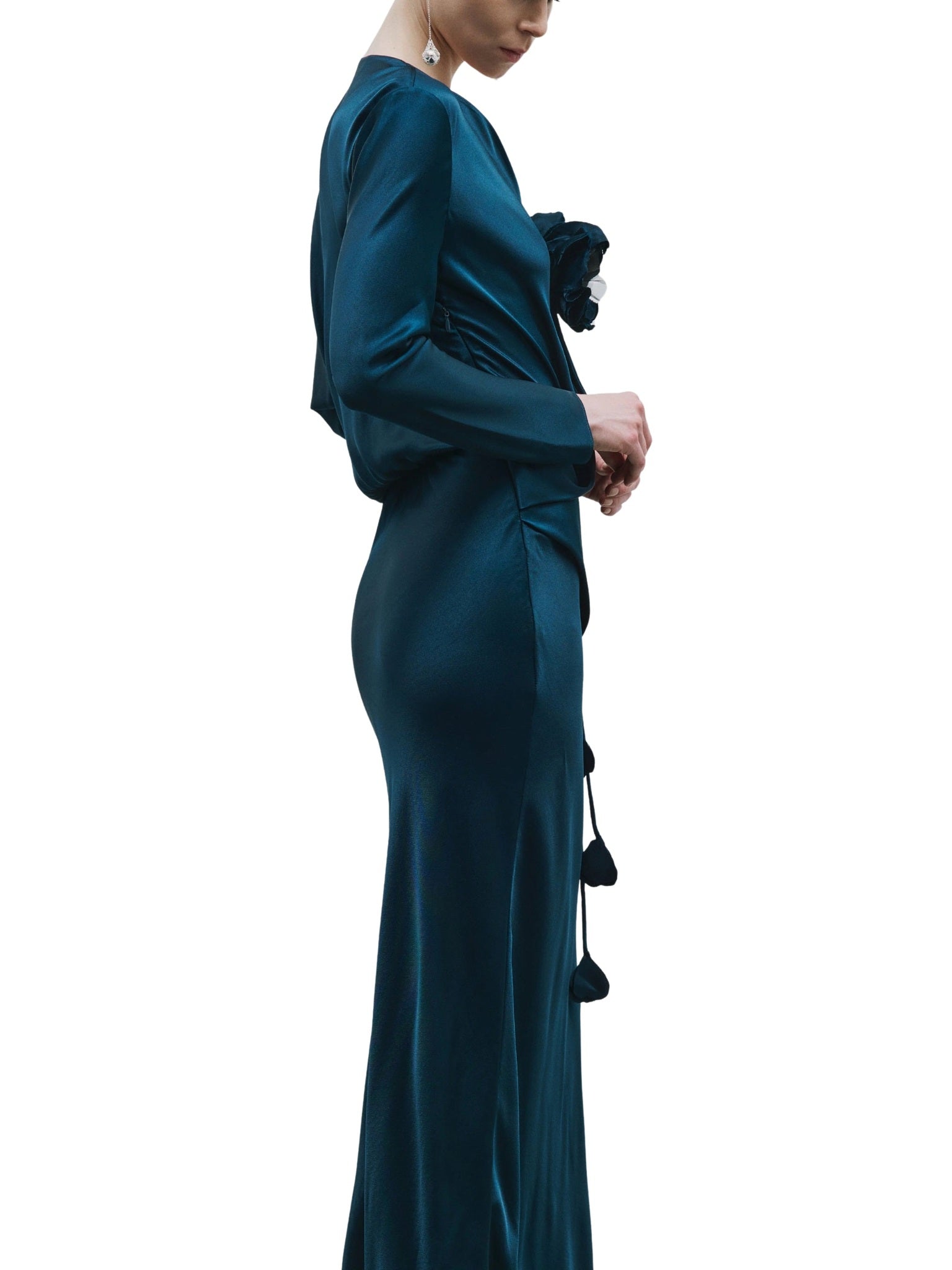 Floral Detailed Draped Satin Dress