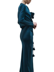 Floral Detailed Draped Satin Dress