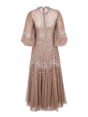 SCALLOP SEQUIN ROUND NECK ANKLE GOWN