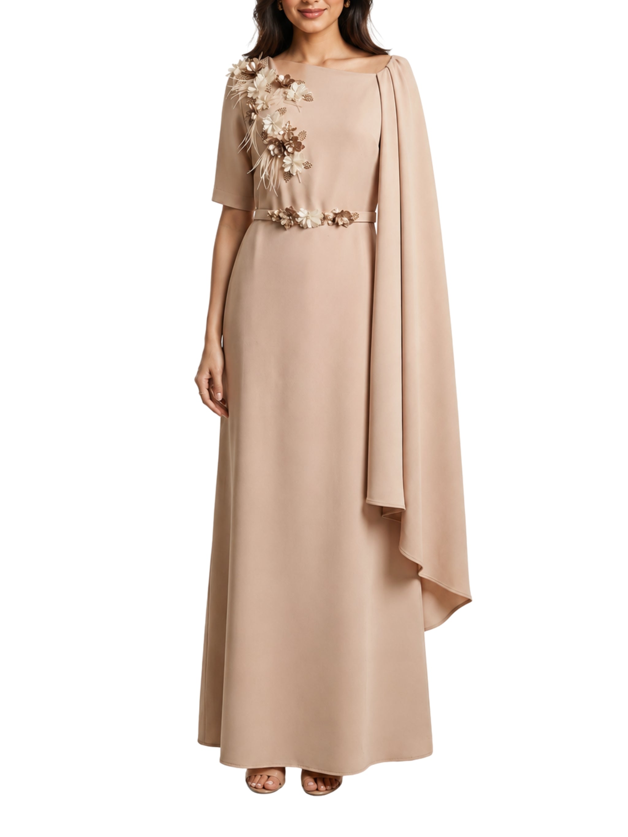 Pink Embroidered Flower & Feather One-Shoulder Dress