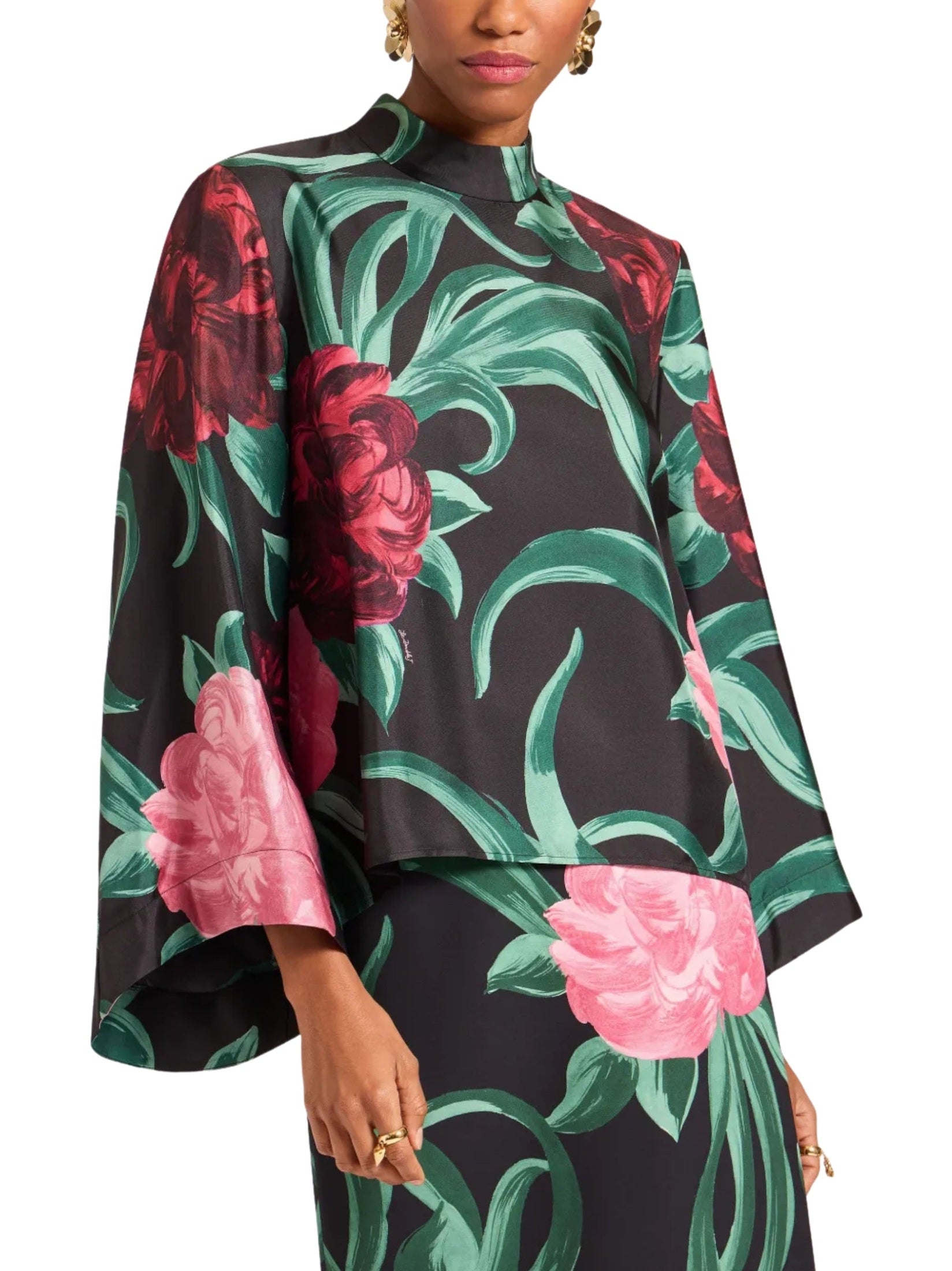 Make an exit top peony black in silk twill