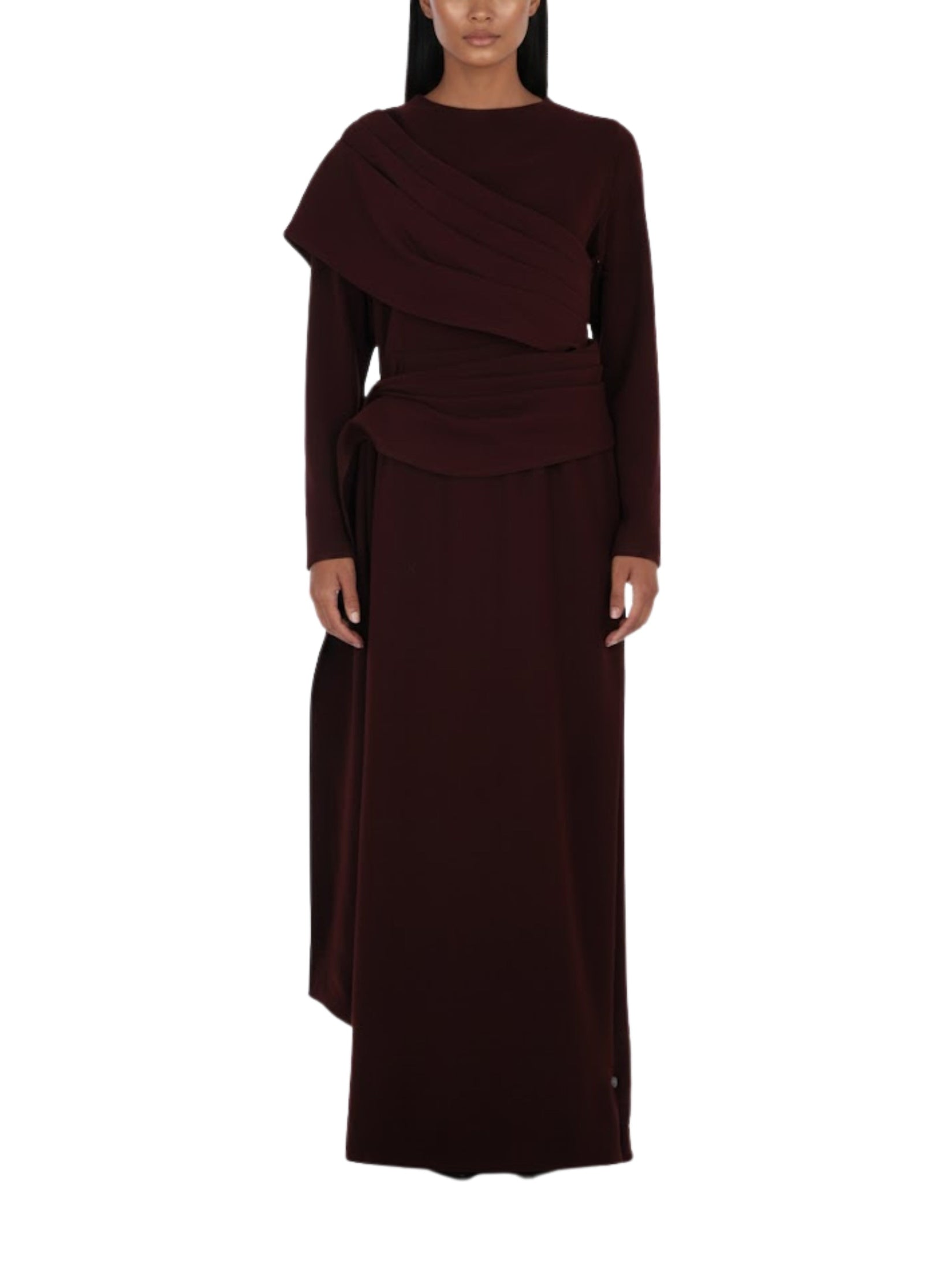 Long sleeves dress strait cut with pleated wrap around shoulder short wrap