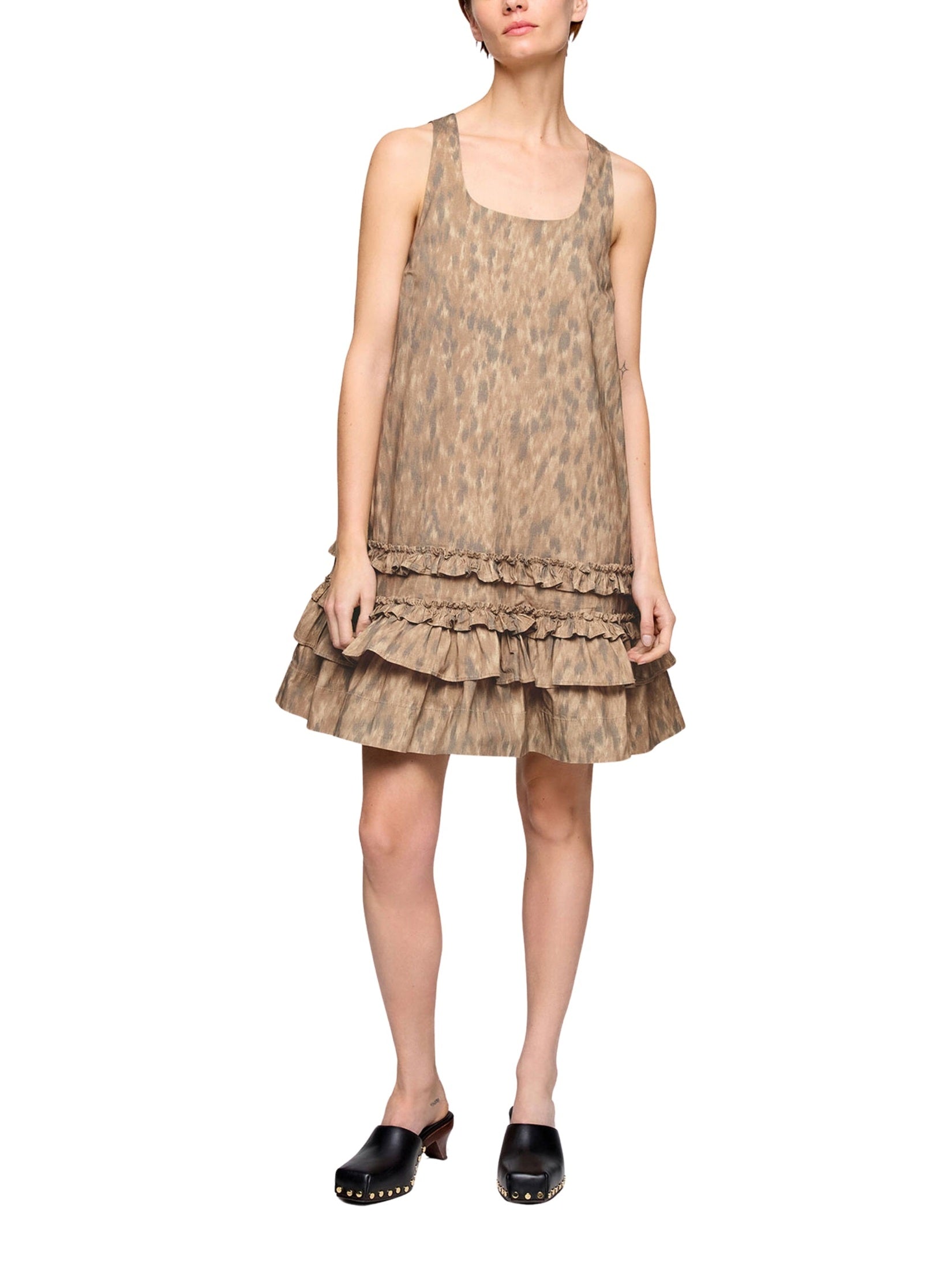 Printed stretch cotton u-neck mini dress