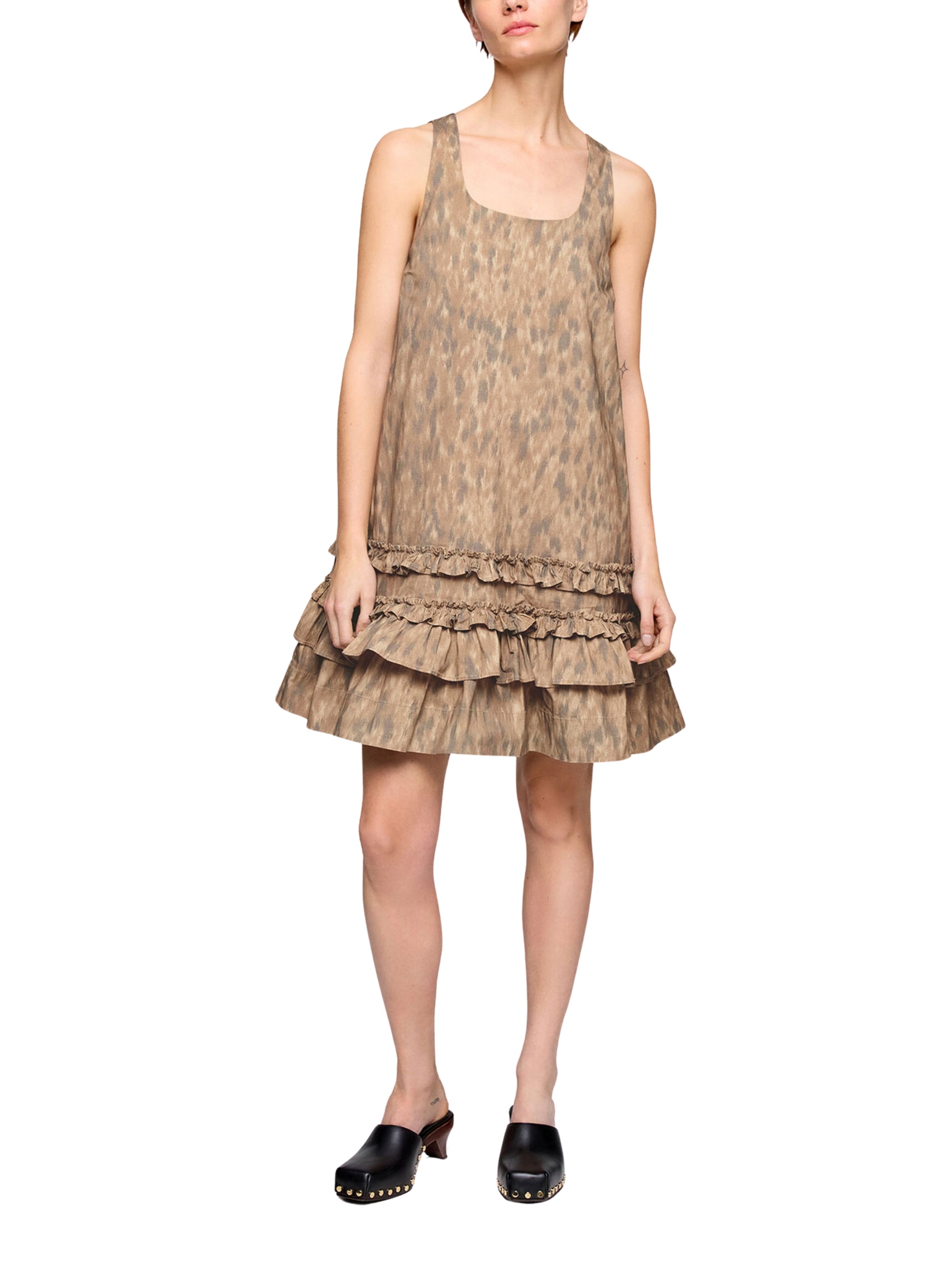 Printed stretch cotton u-neck mini dress