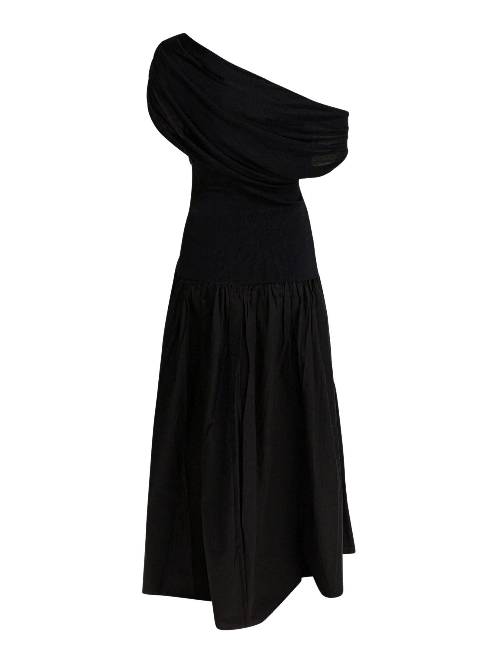 Black cotton draped knit midi dress