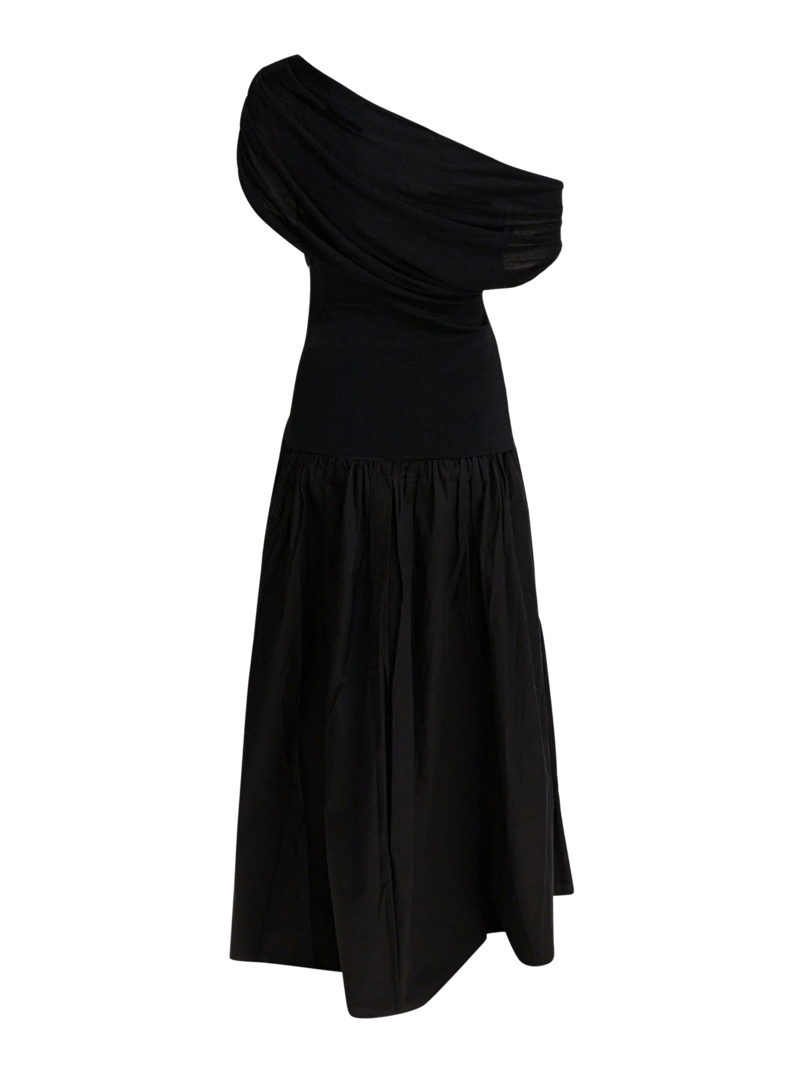 Black cotton draped knit midi dress